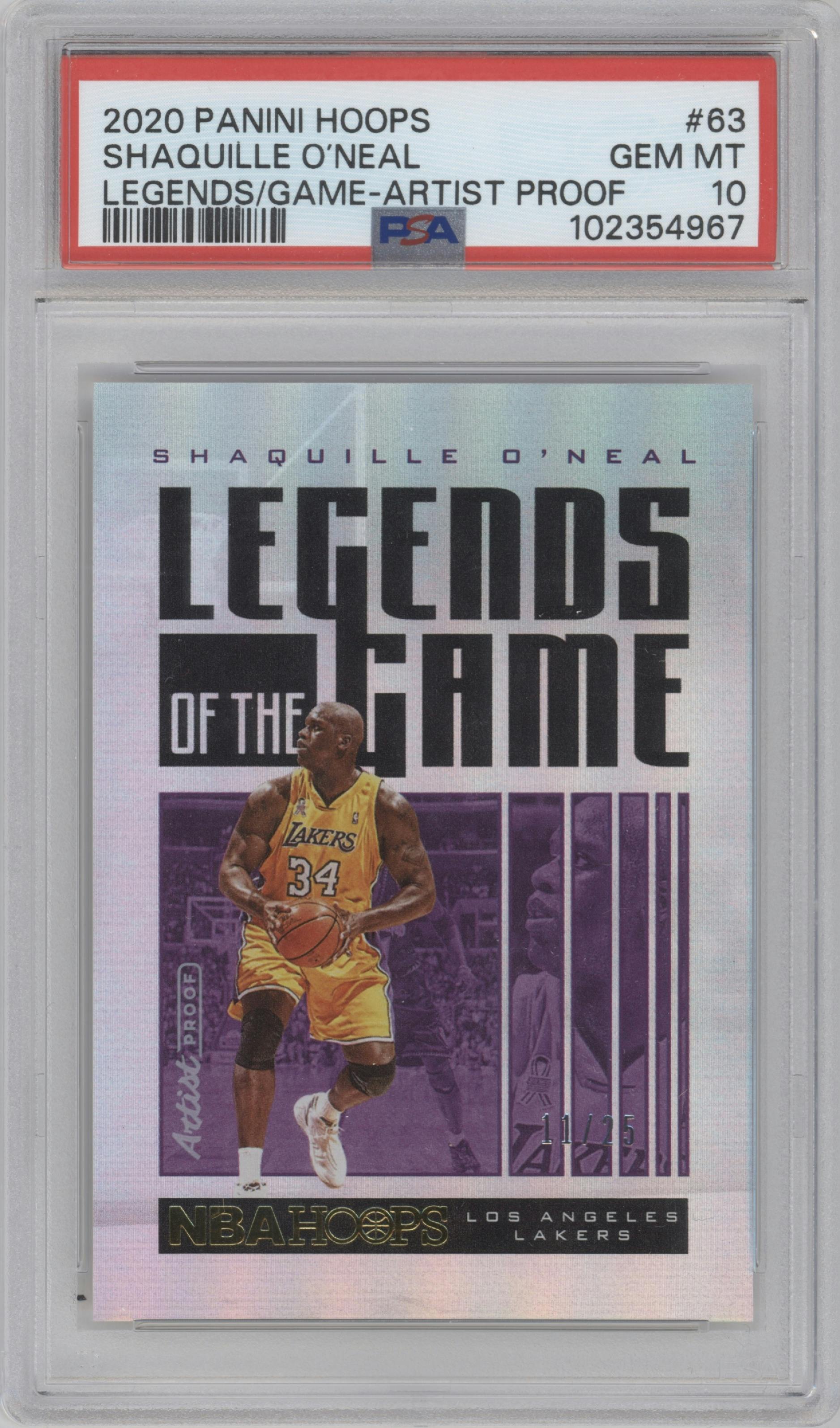 Shaquille O'Neal from the 2020-21 Panini NBA Hoops set featuring a Artist Proof parallel graded by PSA and given an overall grade of 10.