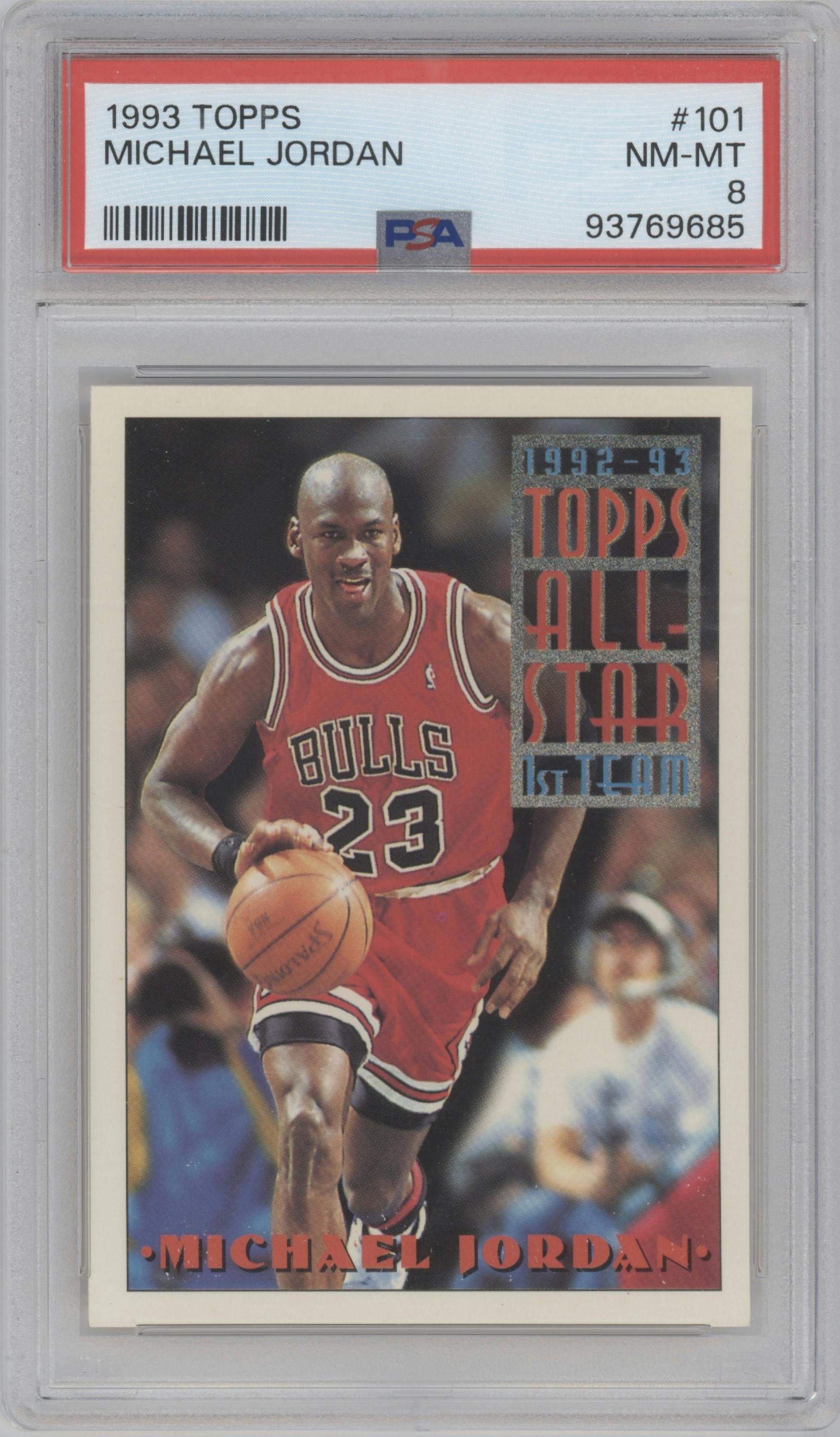 Michael Jordan from the 1993-94 Topps set graded by PSA and given an overall grade of 8.