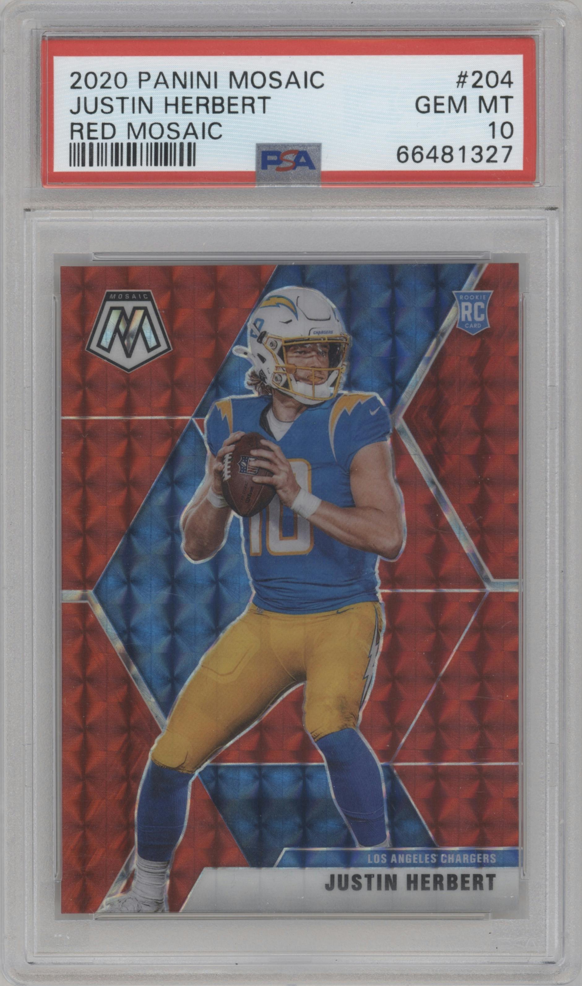 Justin Herbert from the 2020 Panini Mosaic set featuring a Red Mosaic parallel graded by PSA and given an overall grade of 10.