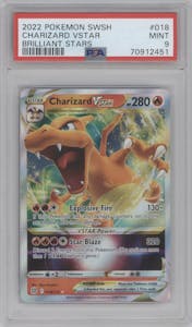 Charizard VSTAR from the 2022 Pokemon SWSH set graded by PSA and given an overall grade of 9.