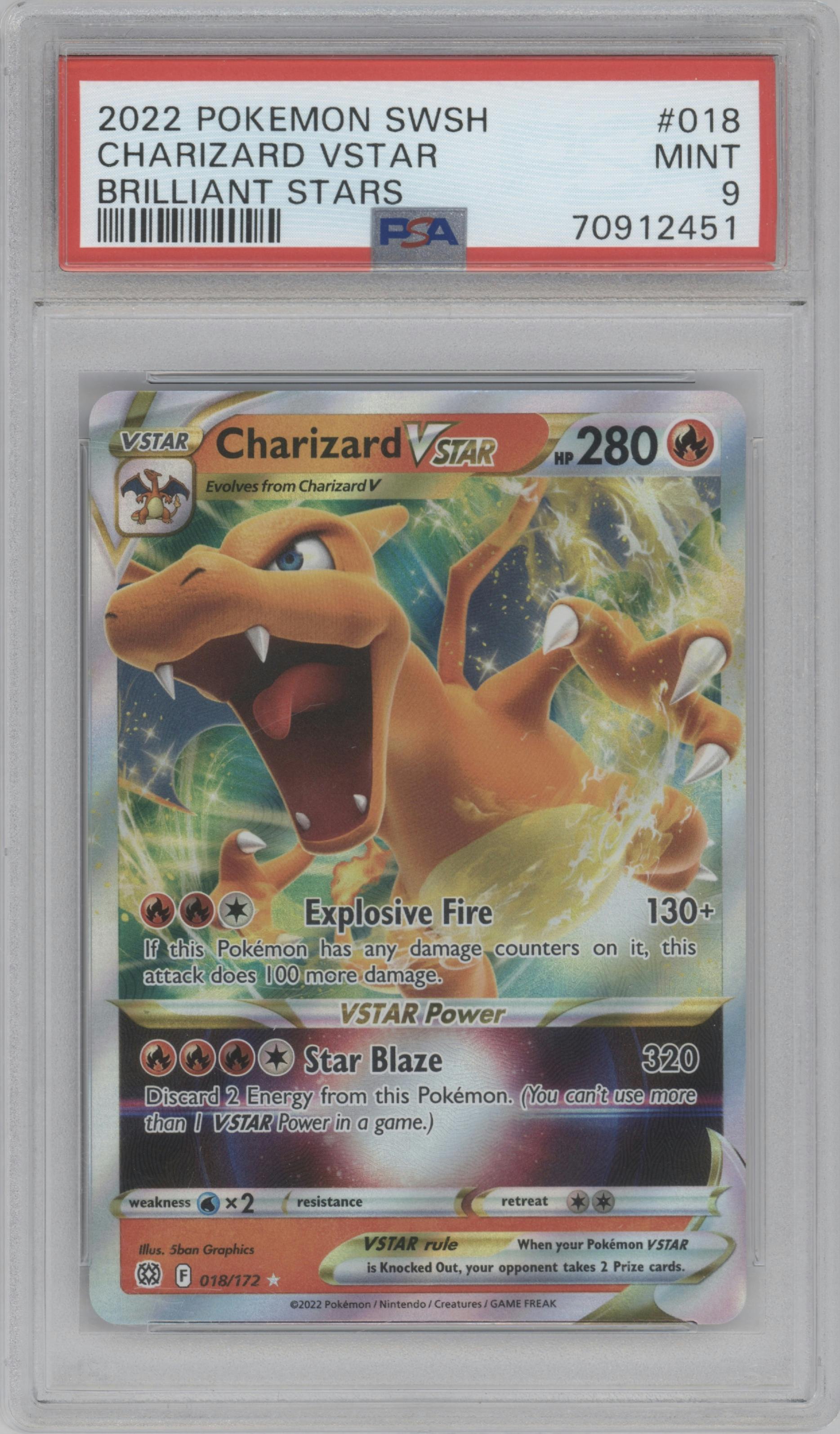 Charizard VSTAR from the 2022 Pokemon SWSH set graded by PSA and given an overall grade of 9.