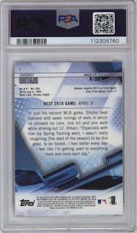 Shohei Ohtani from the 2018 Bowman’s Best set featuring a Blue Refractor parallel graded by PSA and given an overall grade of 8.