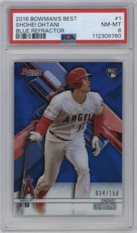Shohei Ohtani from the 2018 Bowman’s Best set featuring a Blue Refractor parallel graded by PSA and given an overall grade of 8.