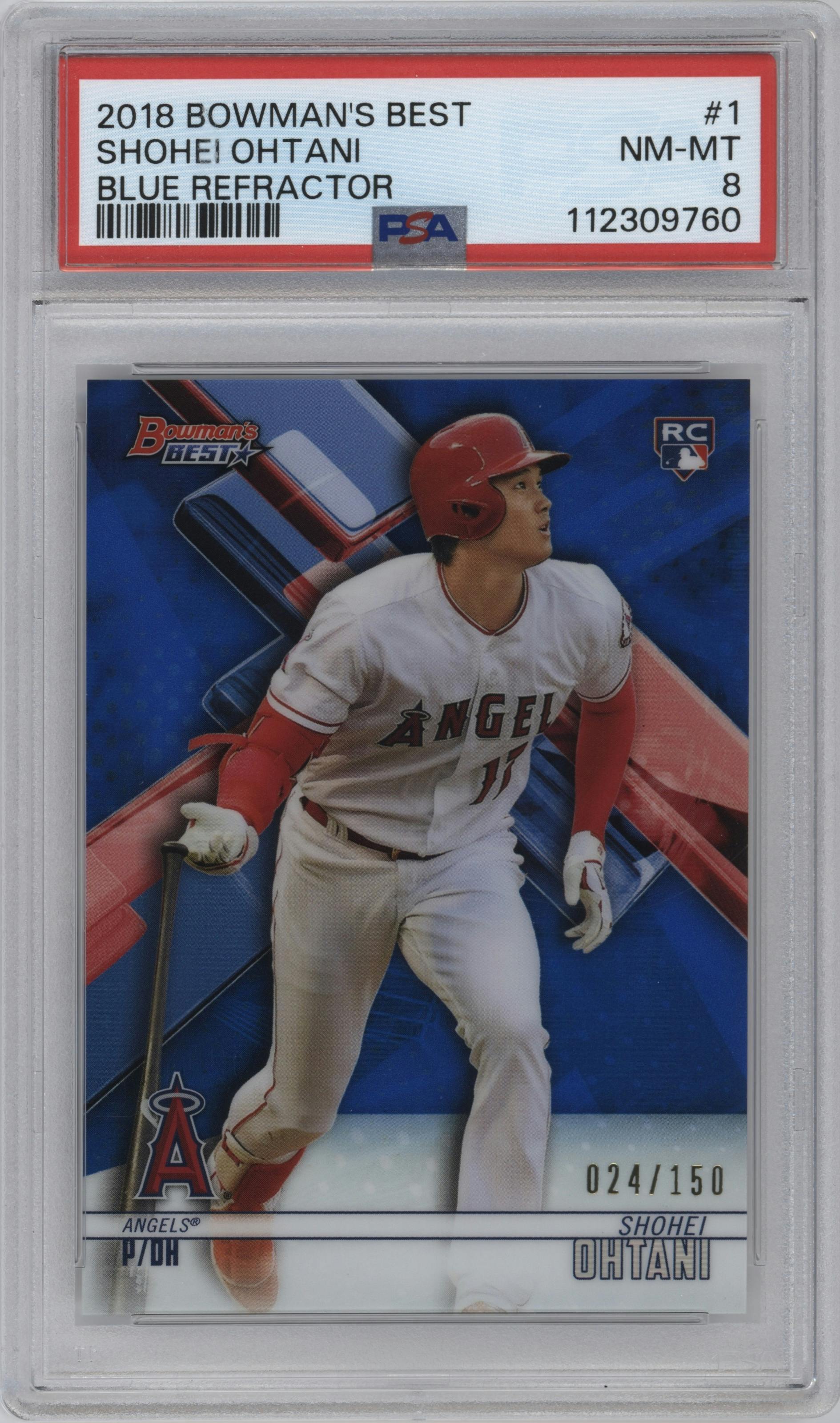 Shohei Ohtani from the 2018 Bowman’s Best set featuring a Blue Refractor parallel graded by PSA and given an overall grade of 8.