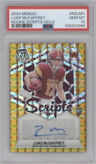 Luke McCaffrey from the 2024 Panini Mosaic set featuring a Gold parallel graded by PSA and given an overall grade of 10.