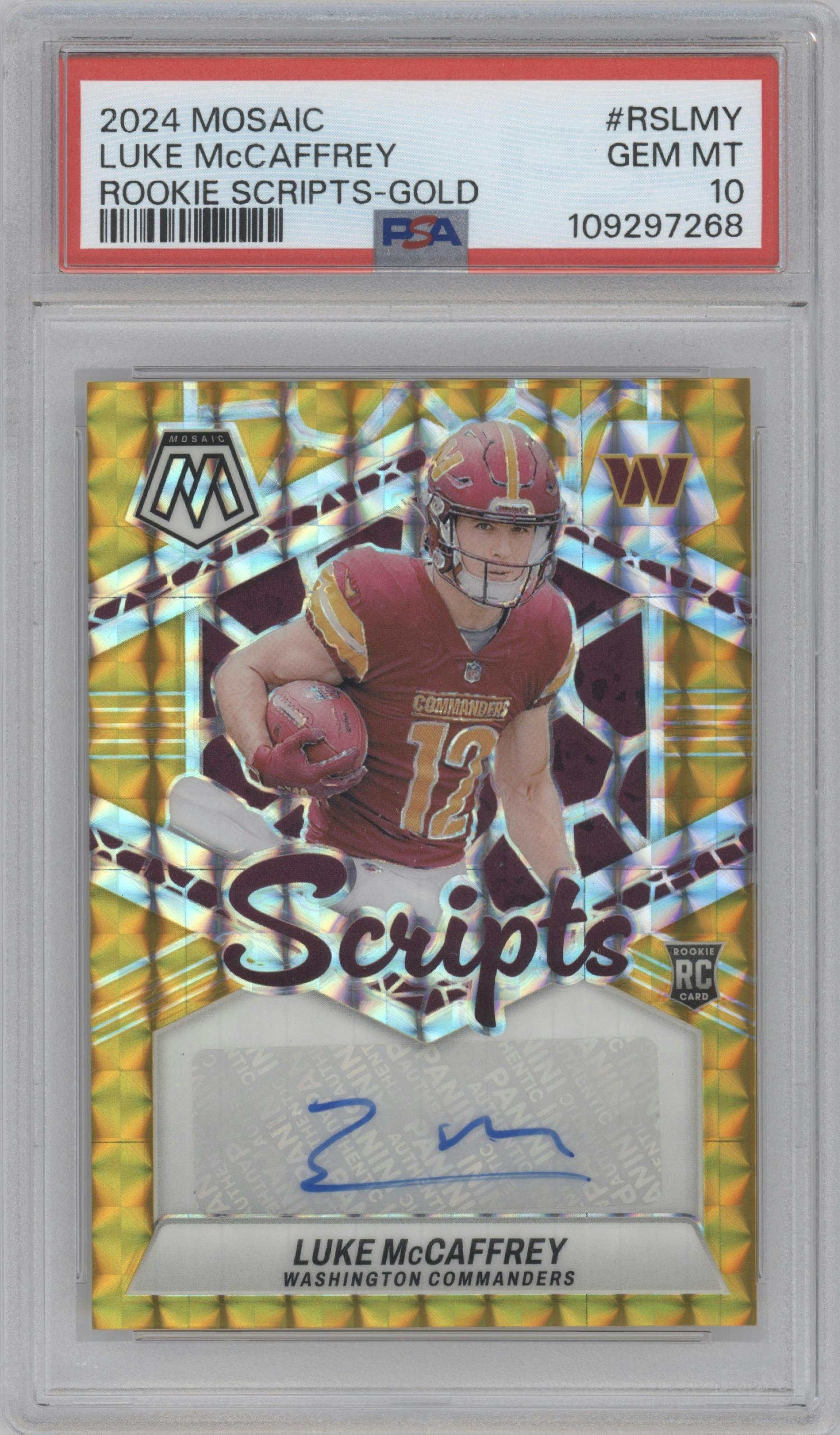 Luke McCaffrey from the 2024 Panini Mosaic set featuring a Gold parallel graded by PSA and given an overall grade of 10.