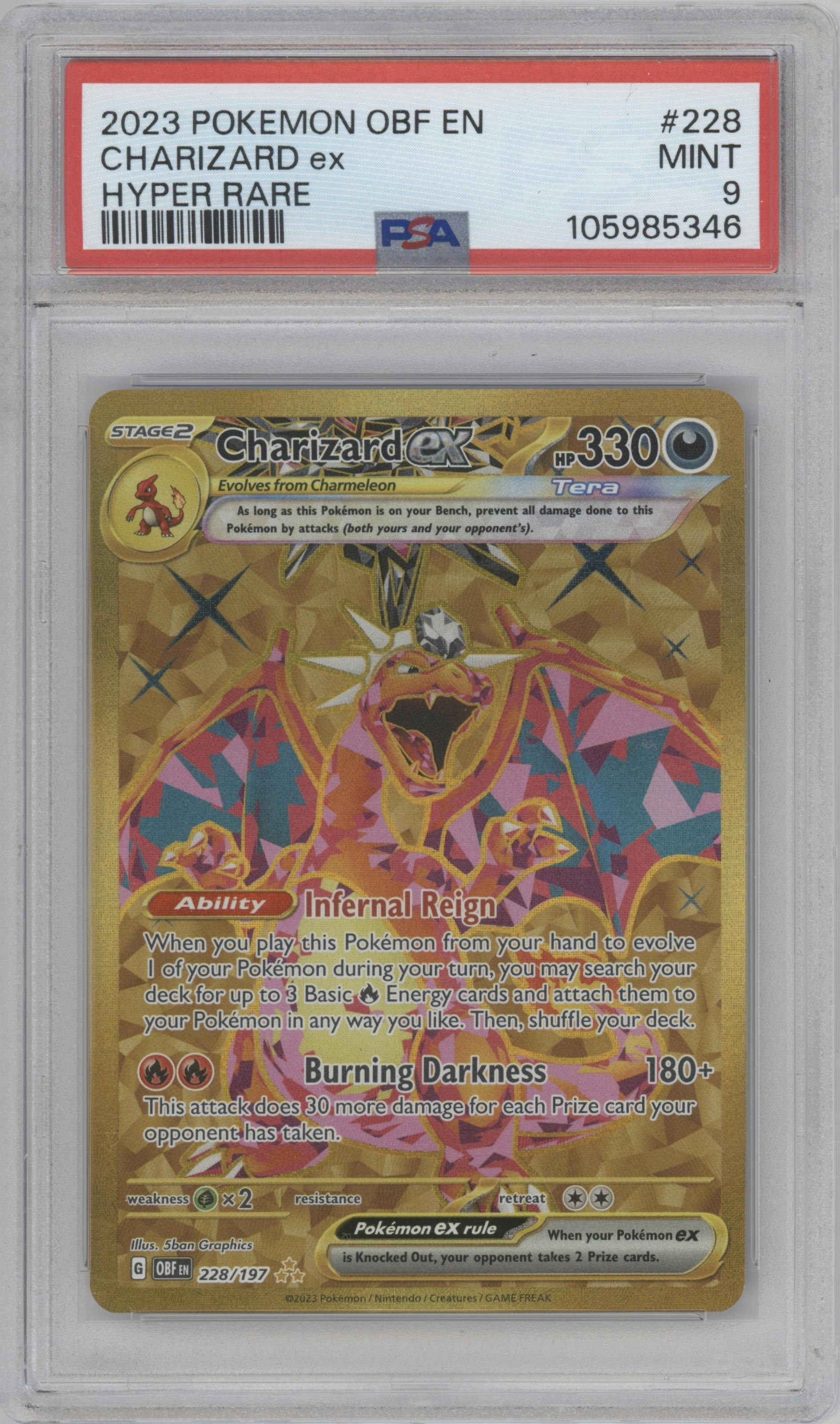 Charizard ex from the 2023 Pokemon SV set graded by PSA and given an overall grade of 9.