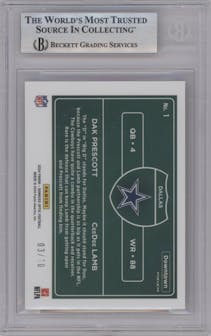 Dak Prescott/CeeDee Lamb from the 2024 Donruss Optic set featuring a Gold parallel graded by Beckett and given an overall grade of 9.