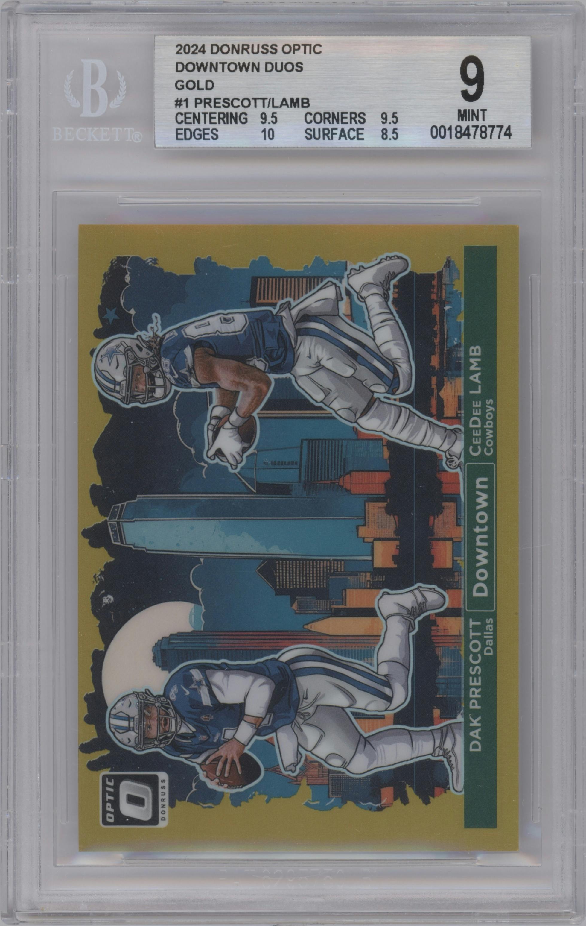 Dak Prescott/CeeDee Lamb from the 2024 Donruss Optic set featuring a Gold parallel graded by Beckett and given an overall grade of 9.