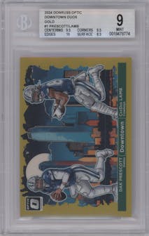 Dak Prescott/CeeDee Lamb from the 2024 Donruss Optic set featuring a Gold parallel graded by Beckett and given an overall grade of 9.