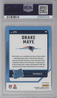 Drake Maye from the 2024 Donruss set featuring a Red Pandora parallel graded by PSA and given an overall grade of 9.