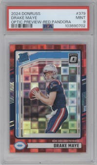 Drake Maye from the 2024 Donruss set featuring a Red Pandora parallel graded by PSA and given an overall grade of 9.