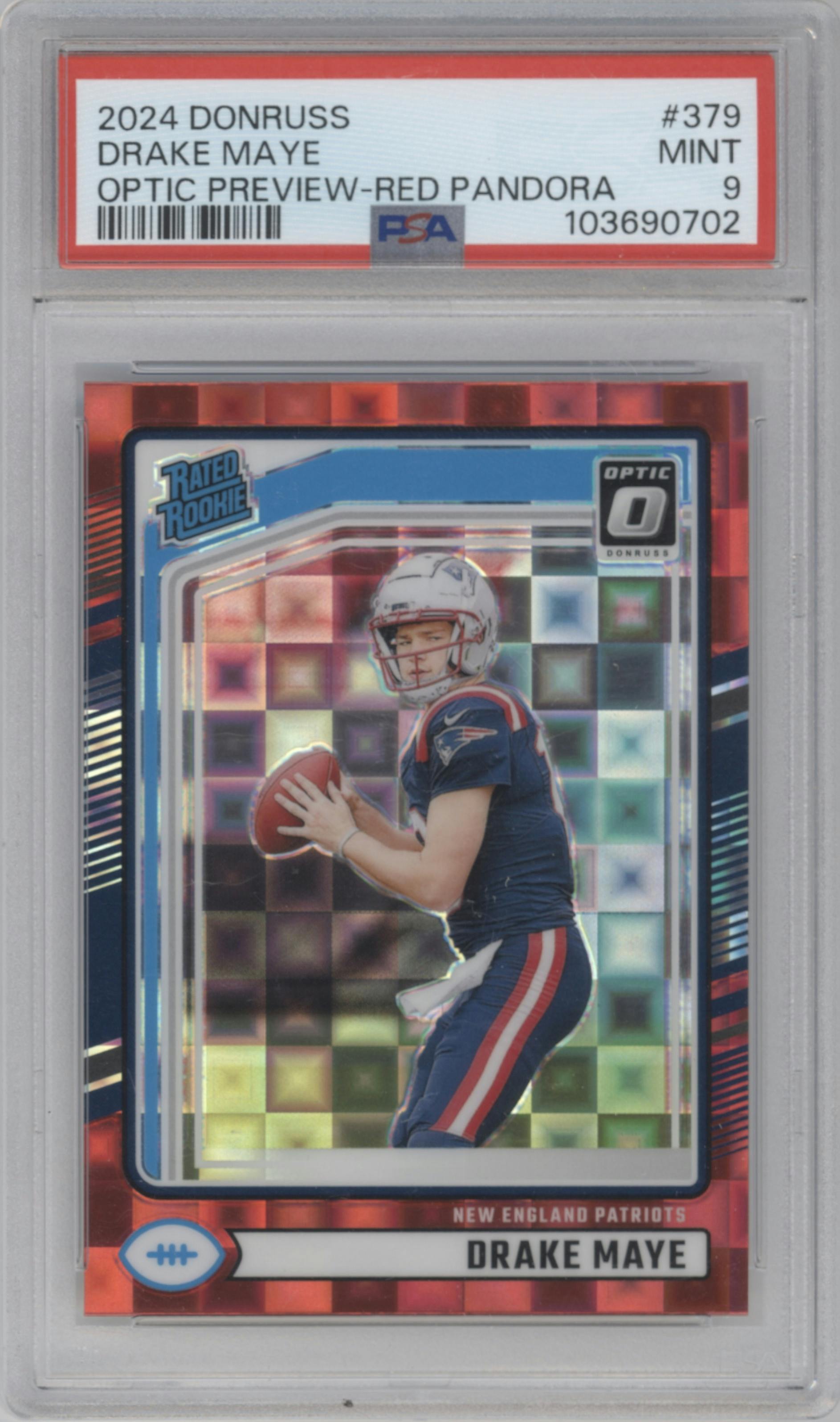 Drake Maye from the 2024 Donruss set featuring a Red Pandora parallel graded by PSA and given an overall grade of 9.
