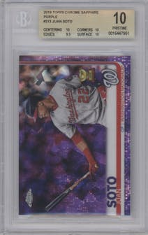 Juan Soto from the 2019 Topps Chrome Sapphire Edition set featuring a Purple parallel graded by Beckett and given an overall grade of 10.