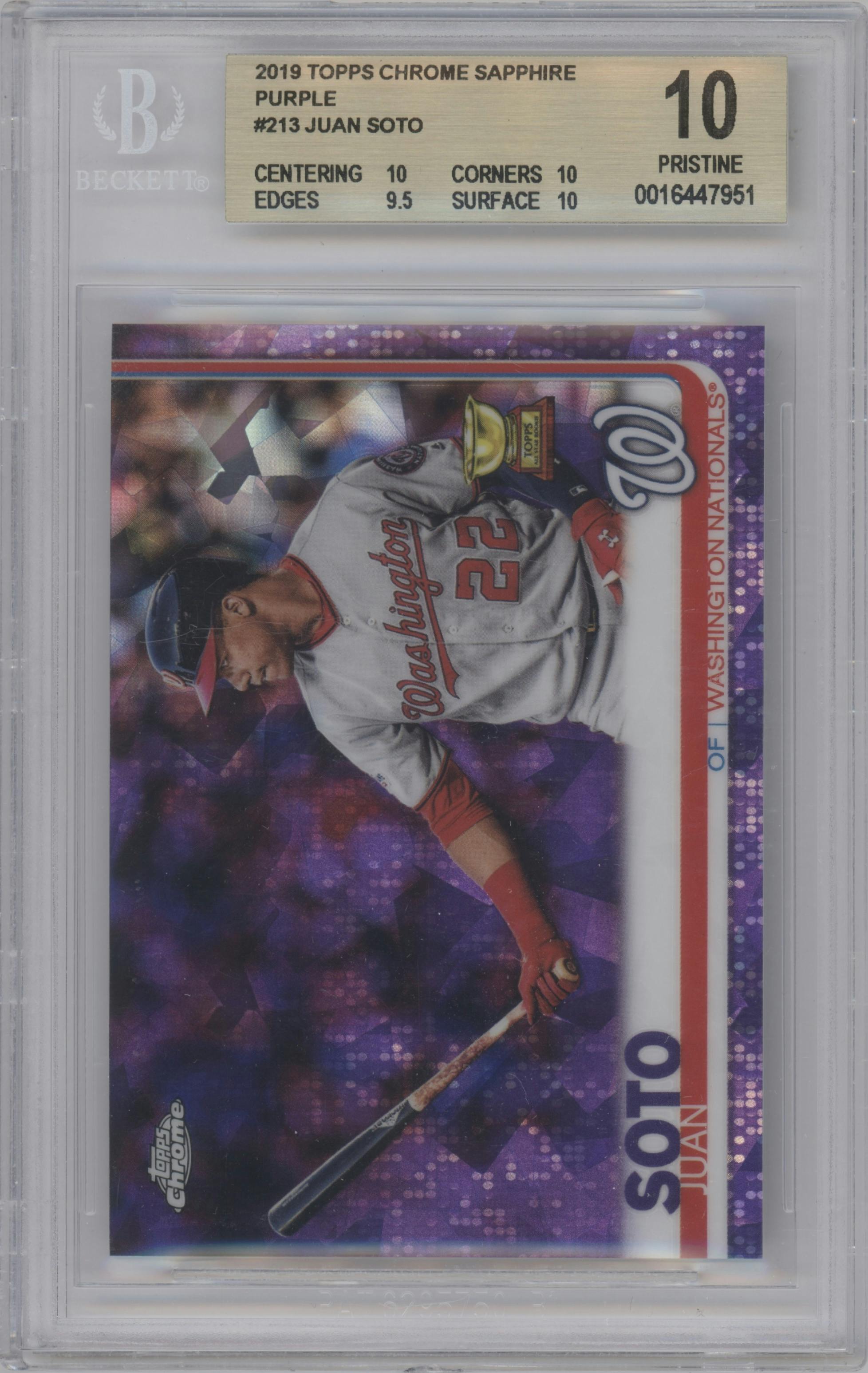 Juan Soto from the 2019 Topps Chrome Sapphire Edition set featuring a Purple parallel graded by Beckett and given an overall grade of 10.