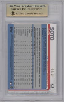 Juan Soto from the 2019 Topps Chrome Sapphire Edition set featuring a Purple parallel graded by Beckett and given an overall grade of 10.