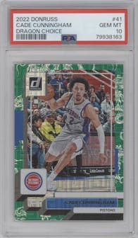 Cade Cunningham from the 2022-23 Panini Donruss set featuring a Choice Dragon parallel graded by PSA and given an overall grade of 10.