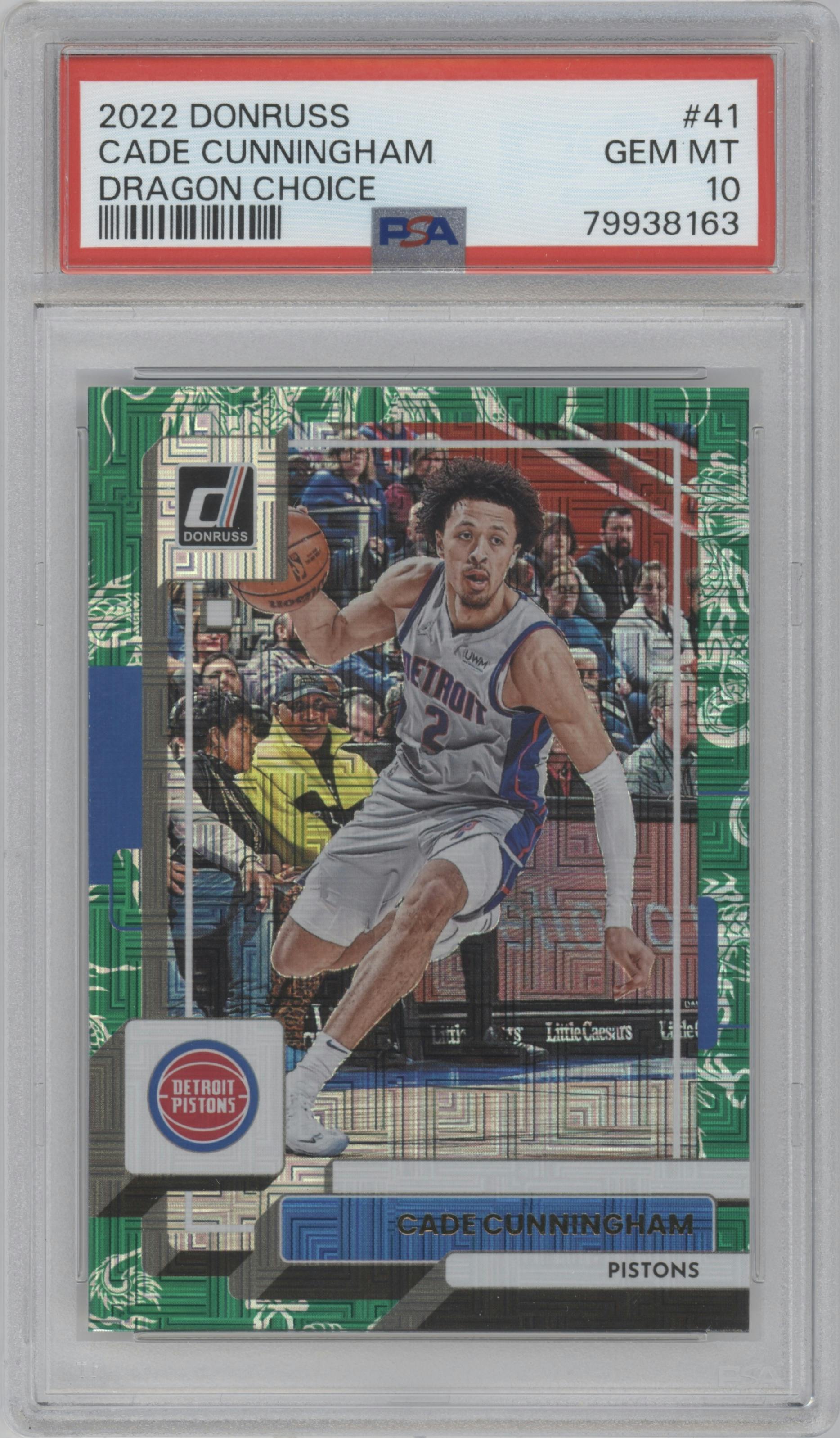 Cade Cunningham from the 2022-23 Panini Donruss set featuring a Choice Dragon parallel graded by PSA and given an overall grade of 10.