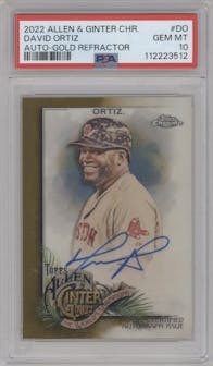 David Ortiz from the 2022 Topps Allen & Ginter Chrome set featuring a Gold Refractor parallel graded by PSA and given an overall grade of 10.