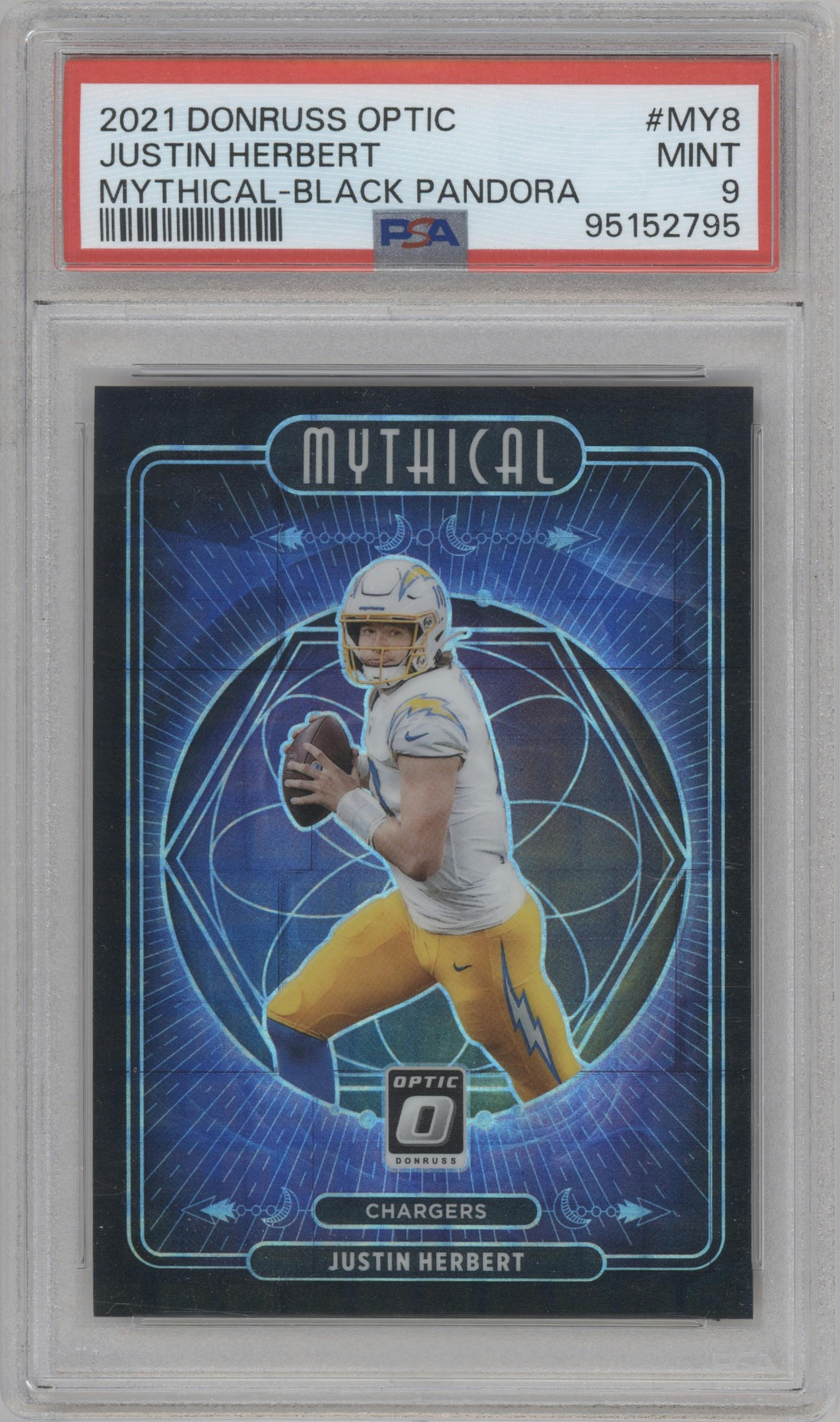 Justin Herbert from the 2021 Panini Donruss Optic set featuring a Black Pandora parallel graded by PSA and given an overall grade of 9.