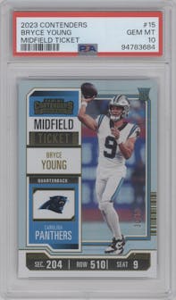 Bryce Young from the 2023 Panini Contenders set featuring a Midfield Ticket parallel graded by PSA and given an overall grade of 10.