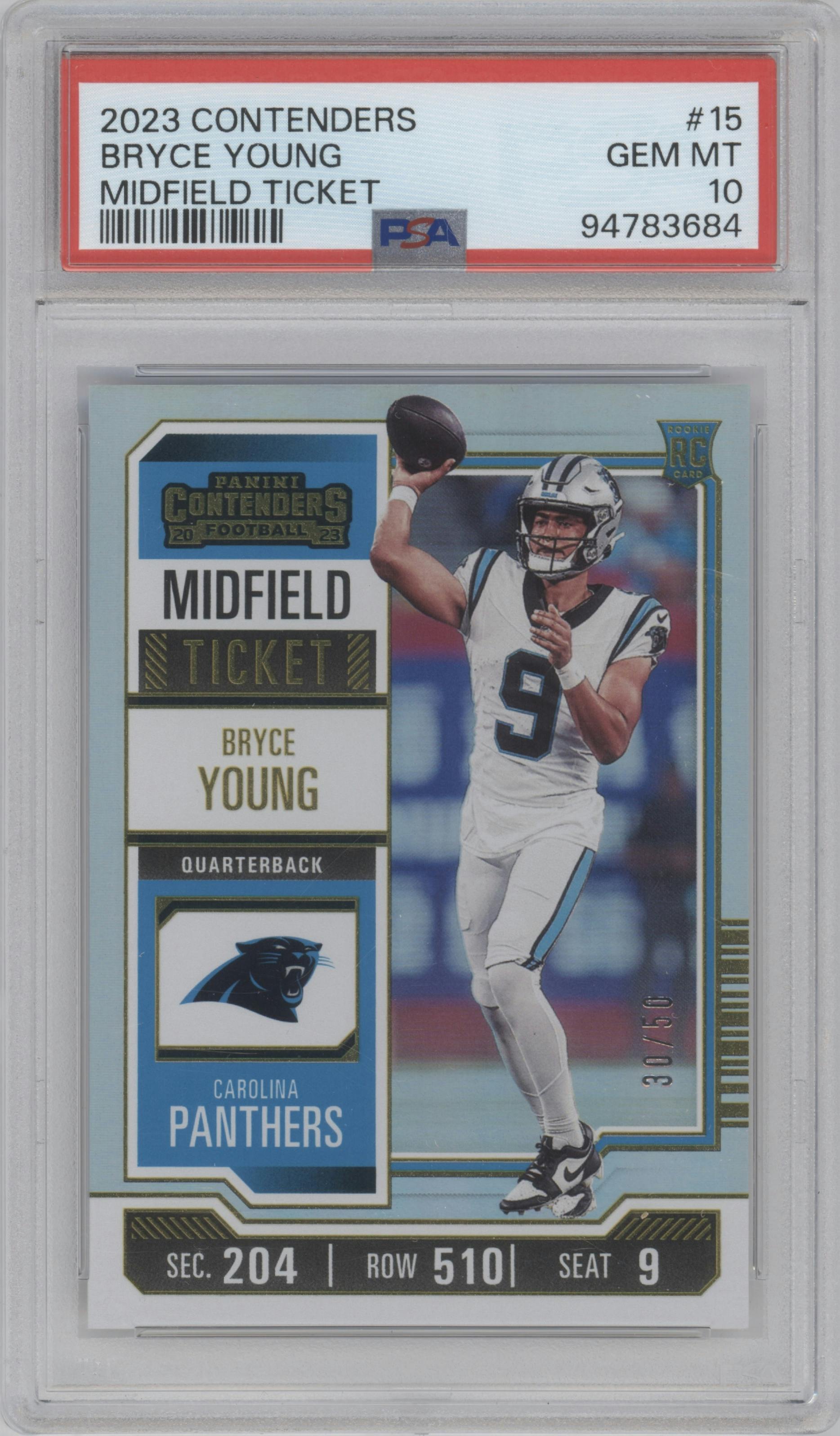 Bryce Young from the 2023 Panini Contenders set featuring a Midfield Ticket parallel graded by PSA and given an overall grade of 10.