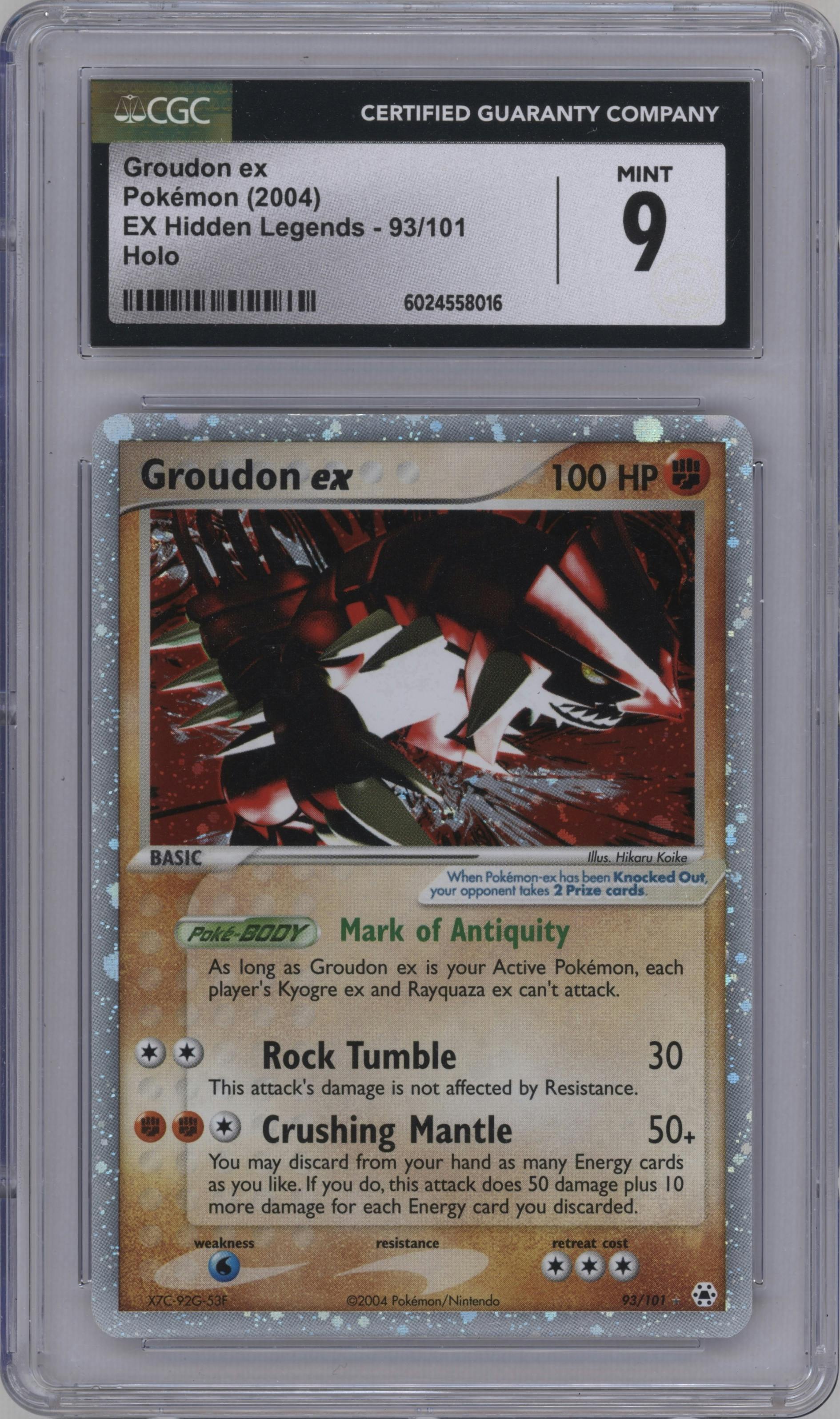 Groudon ex from the 2004 Pokemon EX set graded by CSG and given an overall grade of 9.