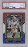 Brock Purdy from the 2022 Panini Prizm set featuring a Red/White/Blue Prizm parallel graded by PSA and given an overall grade of 10.