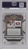 Brock Purdy from the 2022 Panini Prizm set featuring a Red/White/Blue Prizm parallel graded by PSA and given an overall grade of 10.