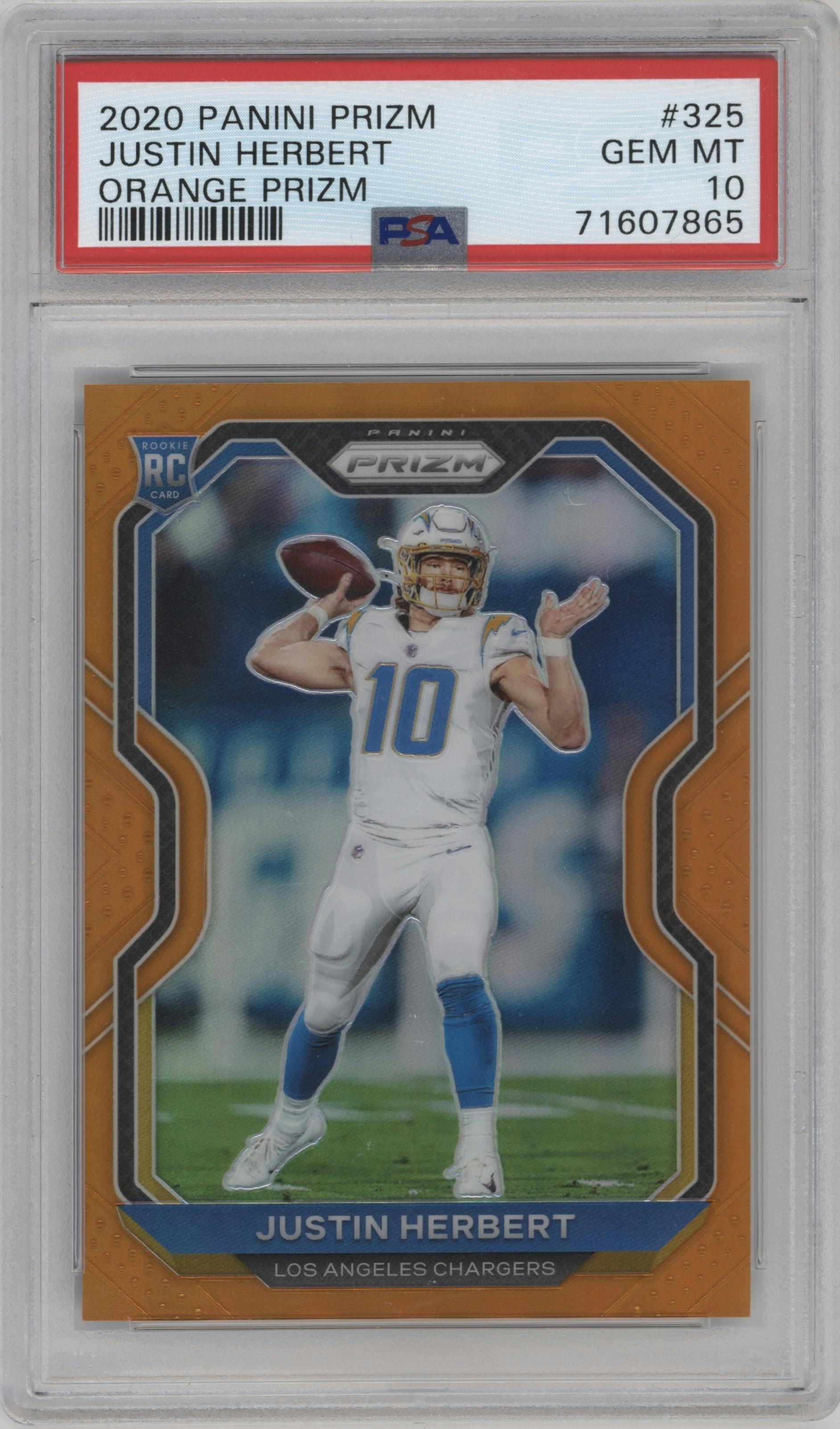 Justin Herbert from the 2020 Panini Prizm set featuring a Orange Prizm parallel graded by PSA and given an overall grade of 10.