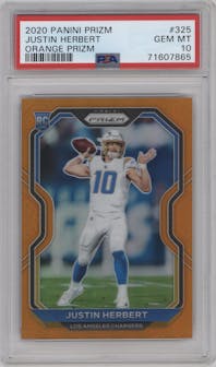 Justin Herbert from the 2020 Panini Prizm set featuring a Orange Prizm parallel graded by PSA and given an overall grade of 10.