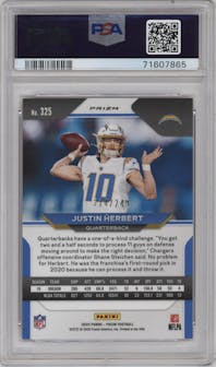 Justin Herbert from the 2020 Panini Prizm set featuring a Orange Prizm parallel graded by PSA and given an overall grade of 10.