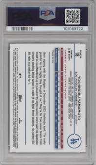 Yoshinobu Yamamoto from the 2024 Topps Chrome set featuring a Refractor parallel graded by PSA and given an overall grade of 10.