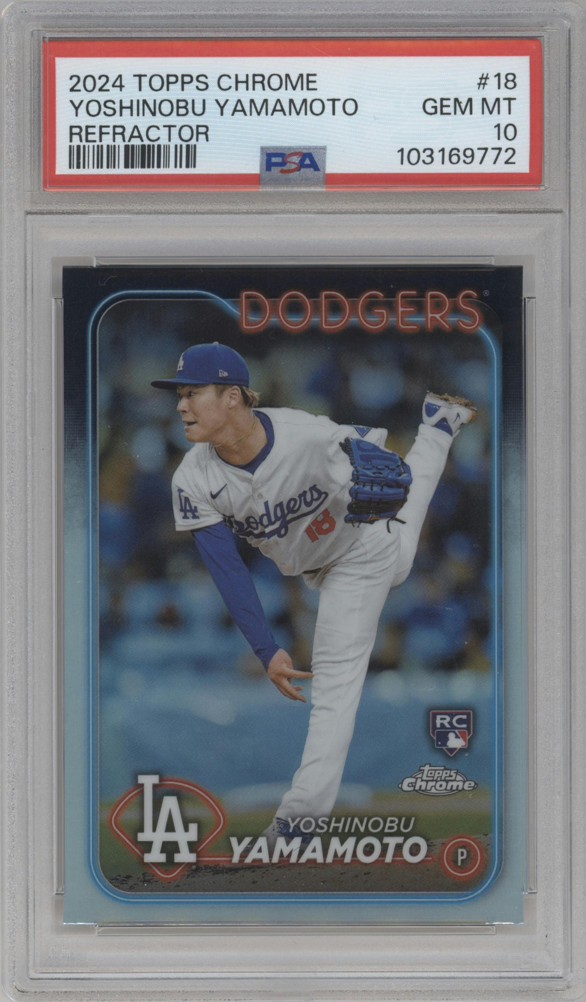 Yoshinobu Yamamoto from the 2024 Topps Chrome set featuring a Refractor parallel graded by PSA and given an overall grade of 10.