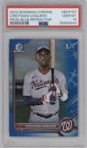 Cristhian Vaquero from the 2022 Bowman Chrome set featuring a Blue Refractor parallel graded by PSA and given an overall grade of 10.