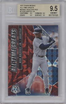 Ken Griffey Jr. from the 2021 Panini Mosaic  set featuring a Reactive Red parallel graded by Beckett and given an overall grade of 9.5.