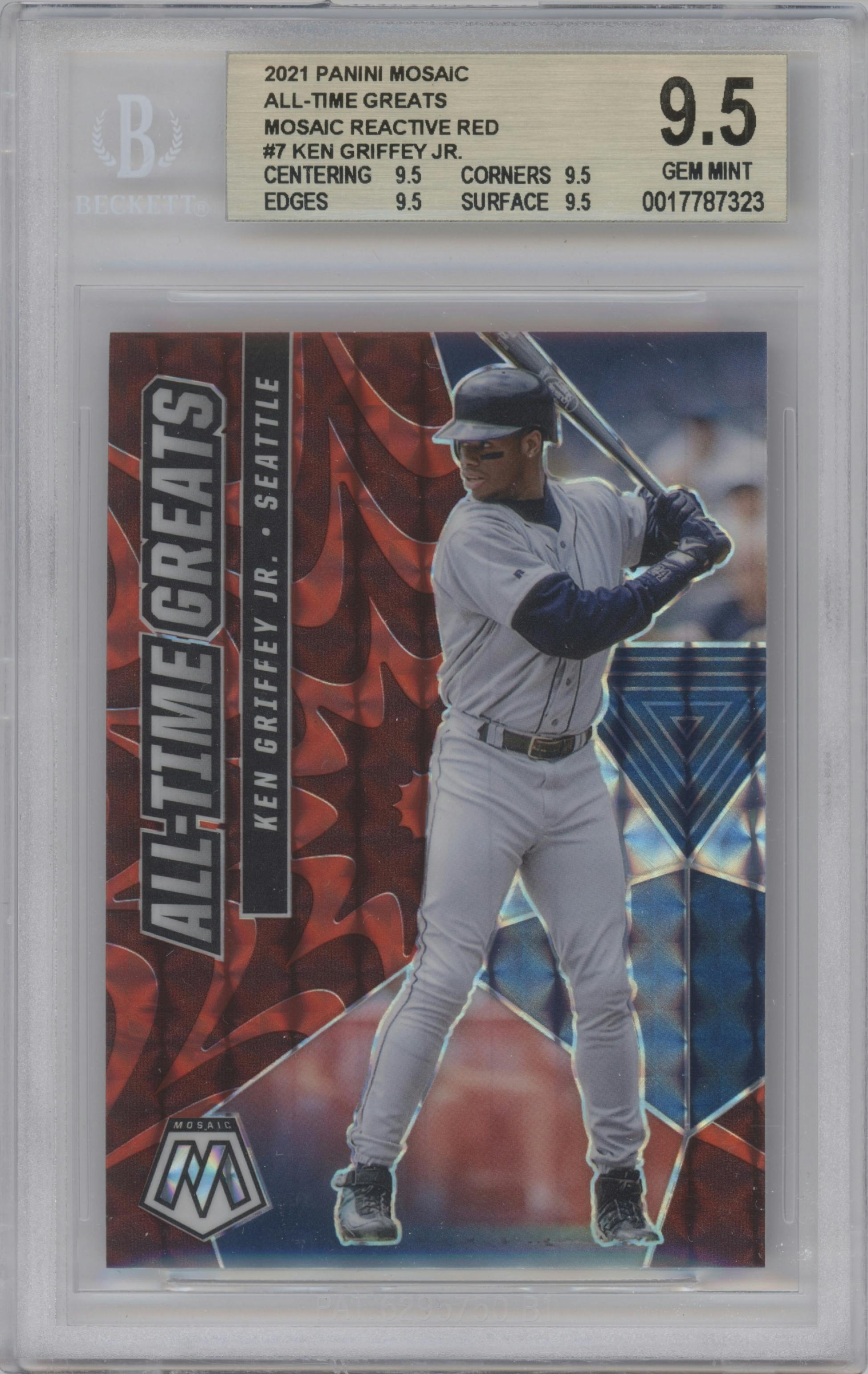 Ken Griffey Jr. from the 2021 Panini Mosaic  set featuring a Reactive Red parallel graded by Beckett and given an overall grade of 9.5.