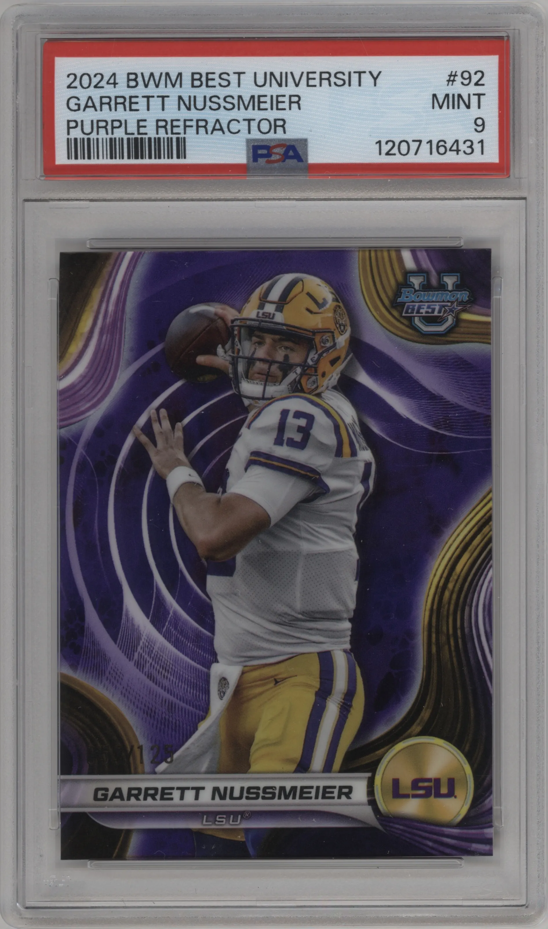 2024 Bowman University Best Garrett Nussmeier Purple Refractor #92 PSA 9