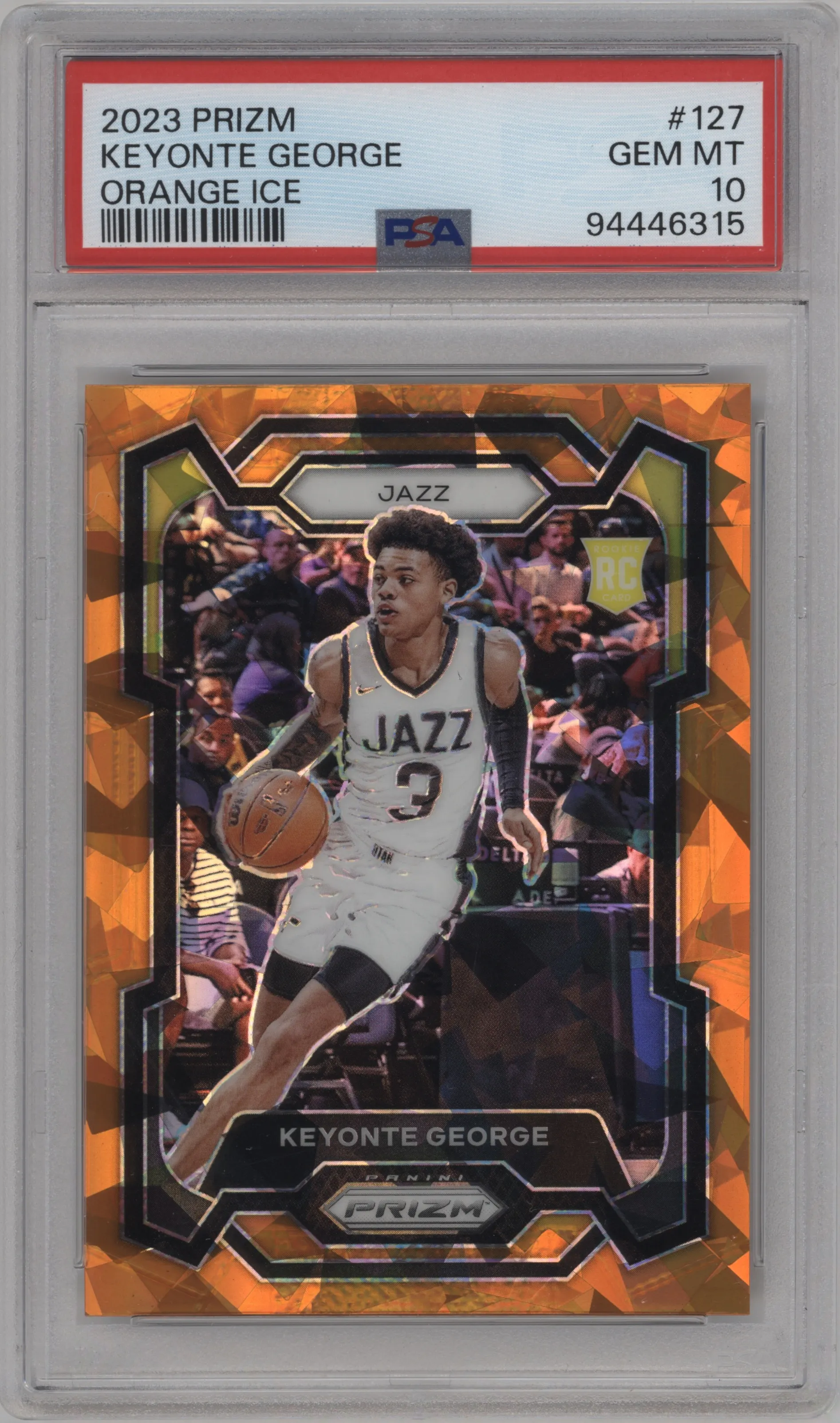 Keyonte George from the 2023-24 Panini Prizm set featuring a Orange Ice parallel graded by PSA and given an overall grade of 10.