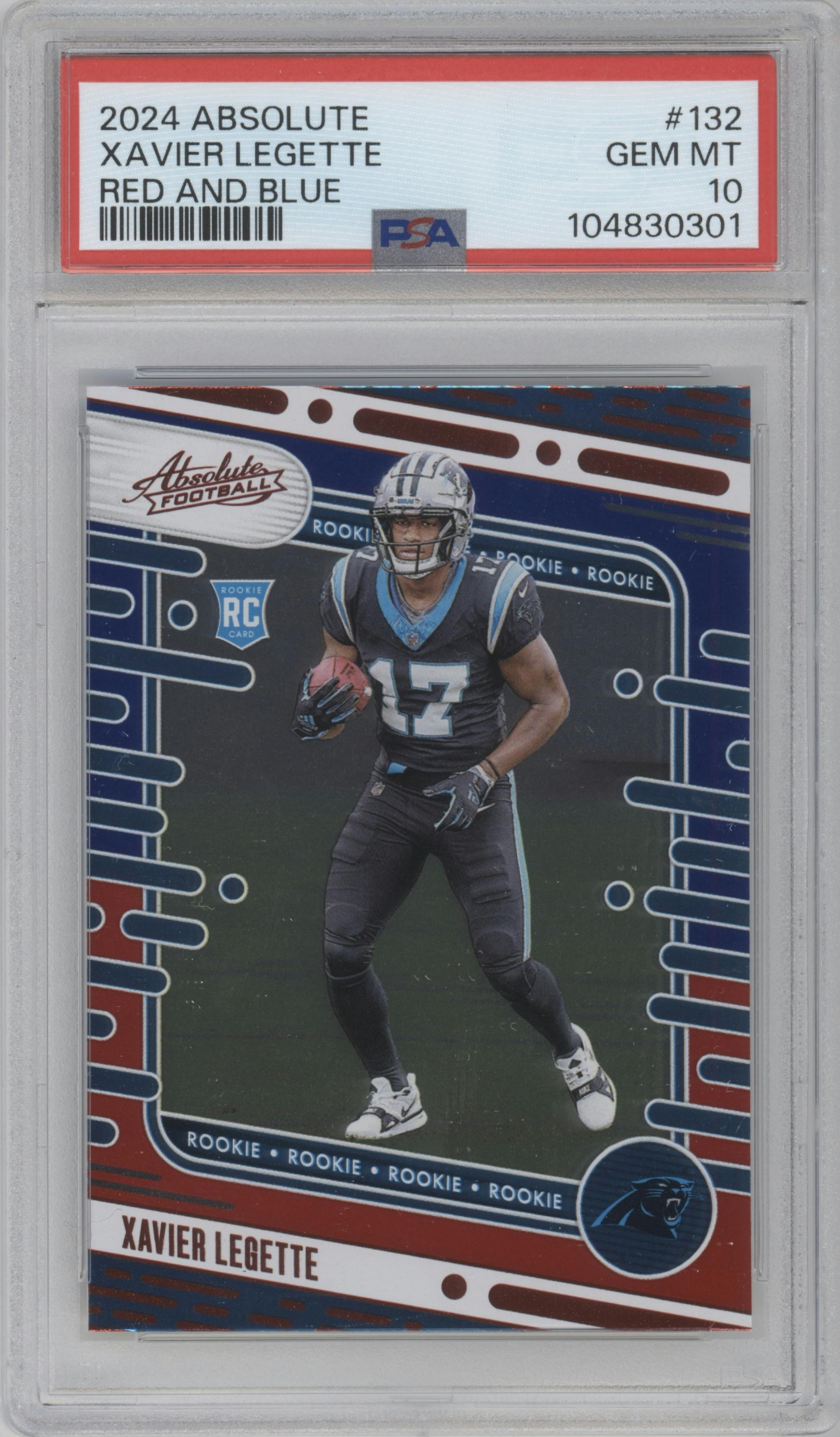 Xavier Legette from the 2024 Panini Absolute set featuring a Red/Blue parallel graded by PSA and given an overall grade of 10.