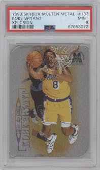 Kobe Bryant from the 1998-99 SkyBox Molten Metal set featuring a Xplosion parallel graded by PSA and given an overall grade of 9.
