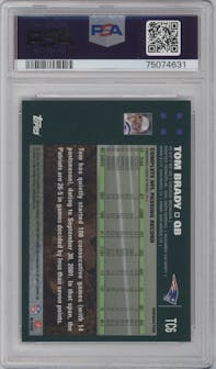 Tom Brady from the 2007 Topps Chrome set featuring a Refractor parallel graded by PSA and given an overall grade of 8.