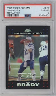 Tom Brady from the 2007 Topps Chrome set featuring a Refractor parallel graded by PSA and given an overall grade of 8.