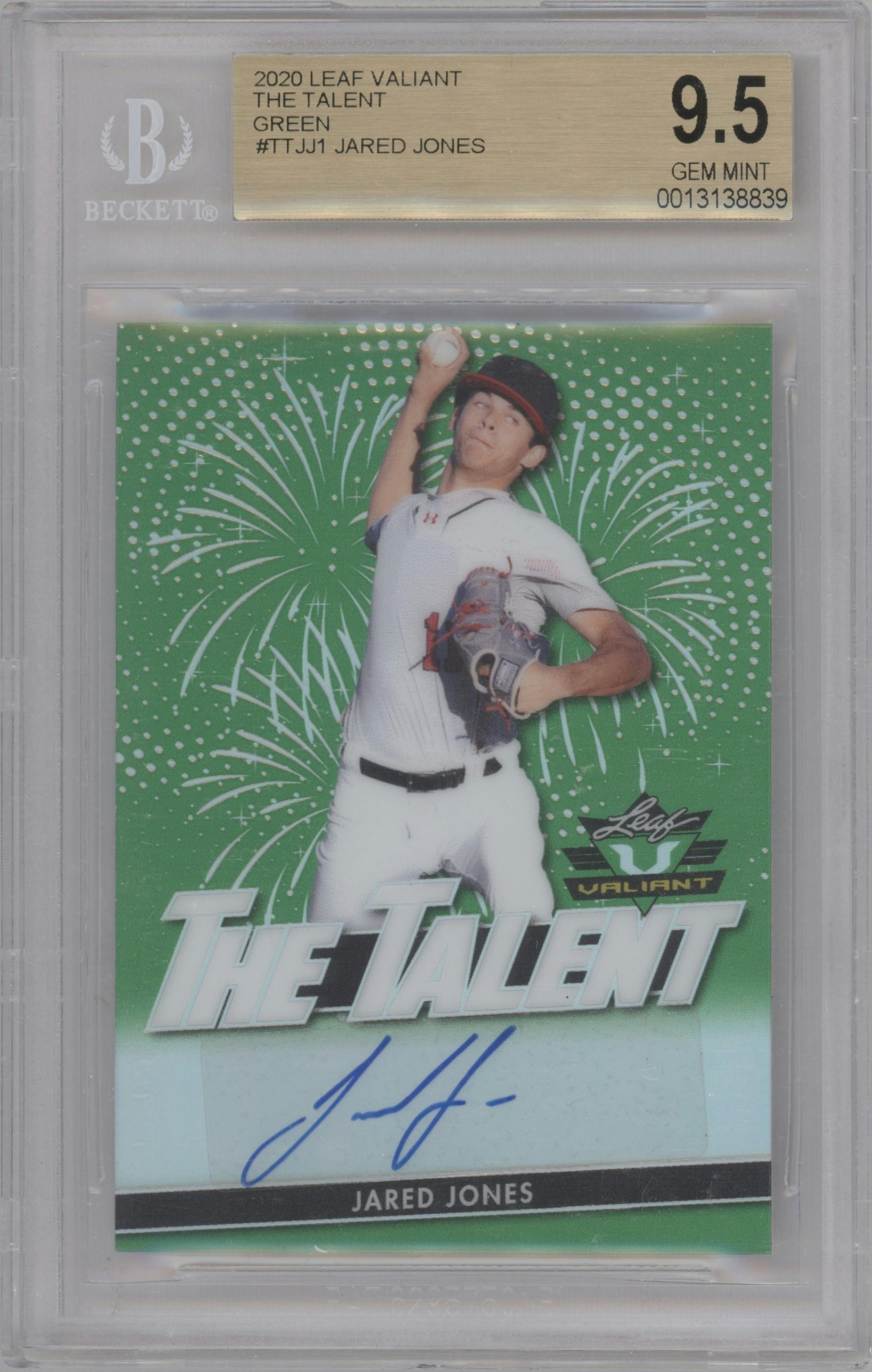 Jared Jones from the 2020 Leaf Valiant set featuring a Green parallel graded by Beckett and given an overall grade of 9.5.