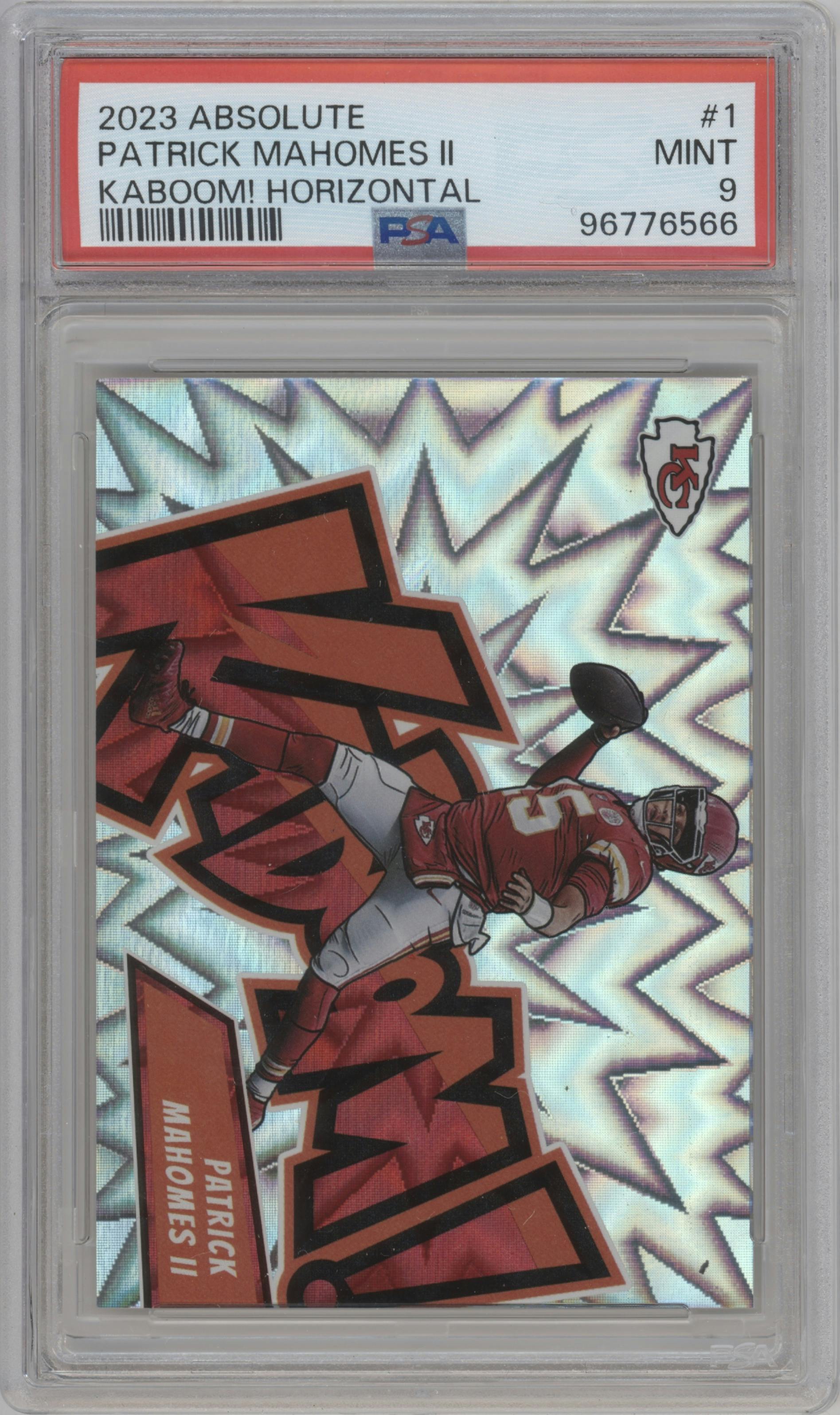 Patrick Mahomes II from the 2023 Panini Absolute set graded by PSA and given an overall grade of 9.
