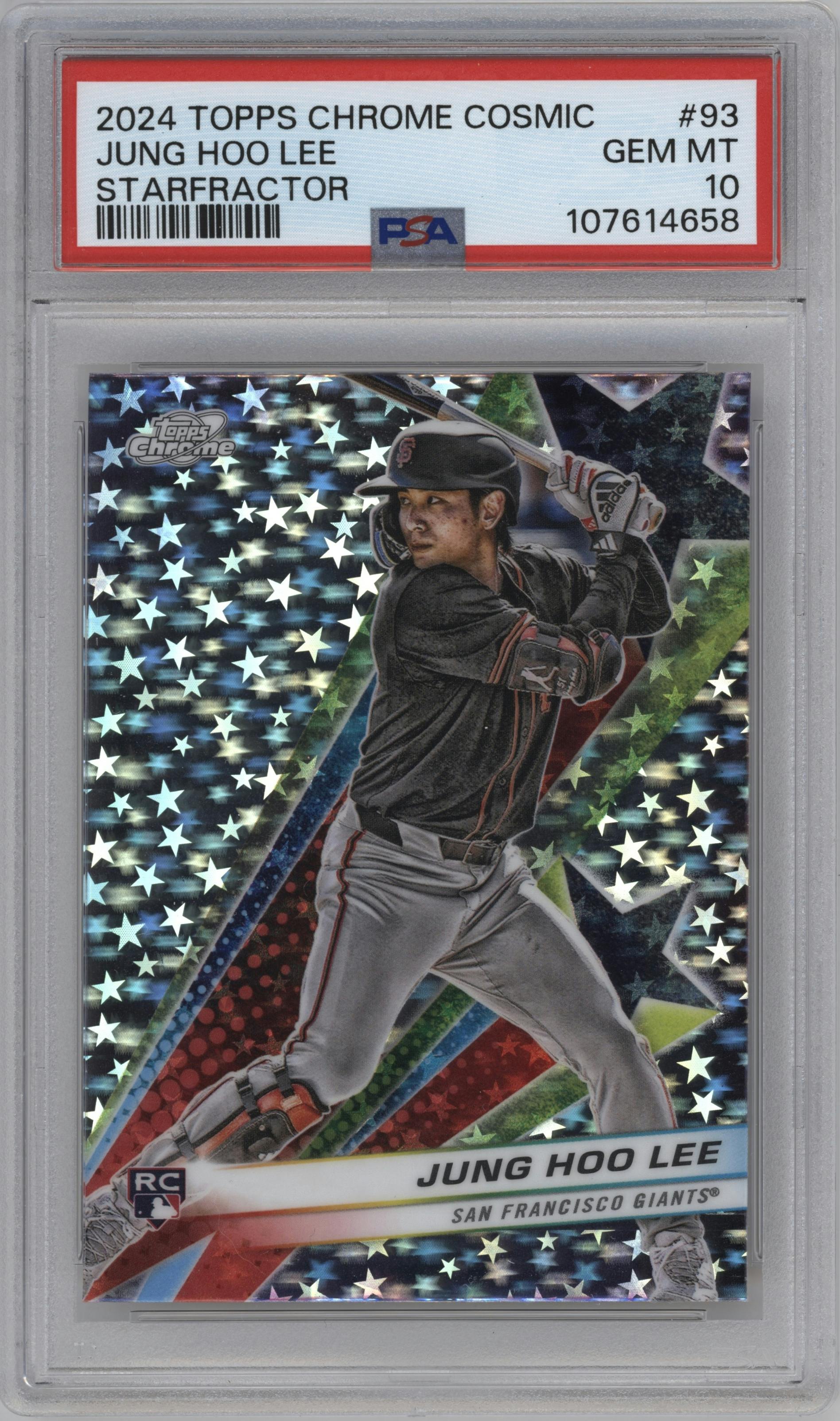 Jung Hoo Lee from the 2024 Topps Cosmic Chrome set graded by PSA and given an overall grade of 10.