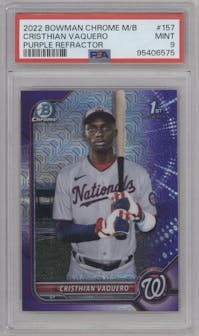 Cristhian Vaquero from the 2022 Bowman Chrome Mega Box set featuring a Purple Refractor parallel graded by PSA and given an overall grade of 9.