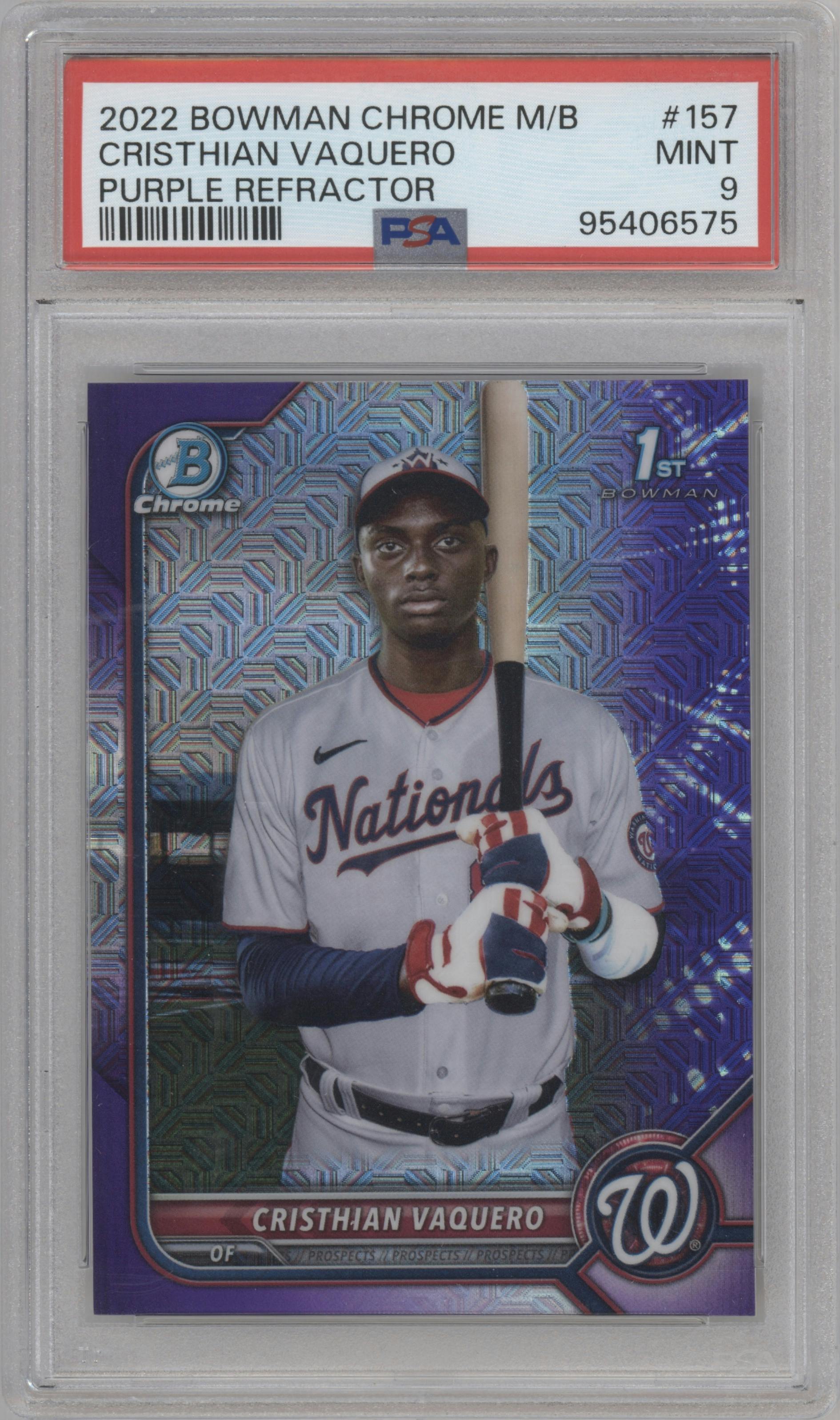 Cristhian Vaquero from the 2022 Bowman Chrome Mega Box set featuring a Purple Refractor parallel graded by PSA and given an overall grade of 9.