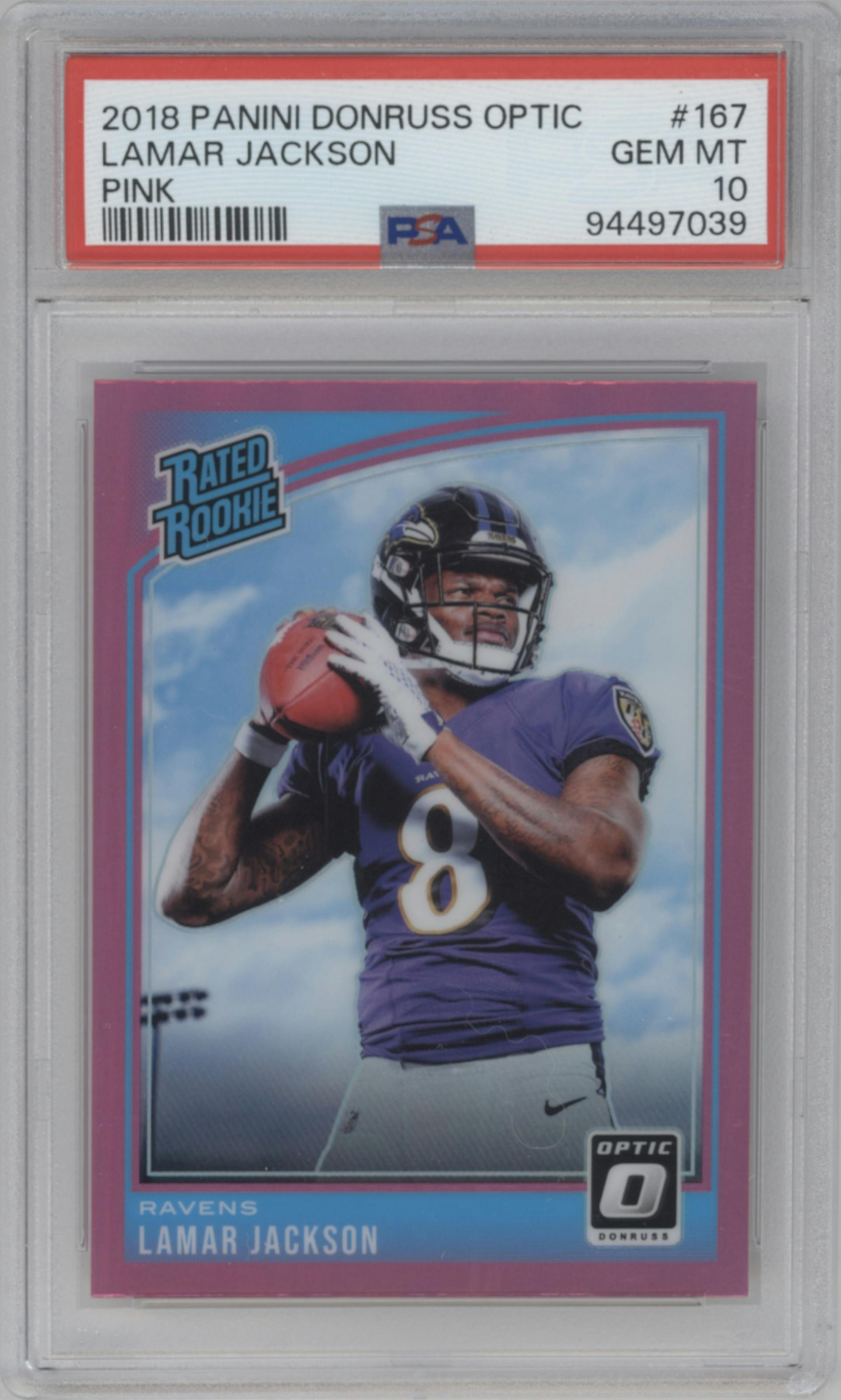 Lamar Jackson from the 2018 Panini Donruss Optic set featuring a Pink  parallel graded by PSA and given an overall grade of 10.