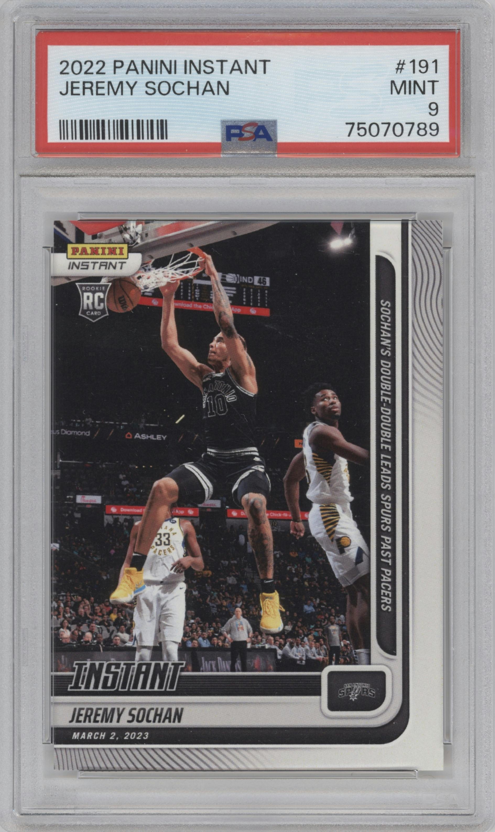 Jeremy Sochan from the 2022-23 Panini Instant set graded by PSA and given an overall grade of 9.